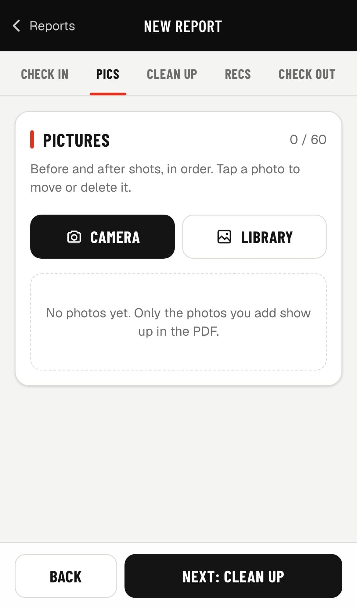 Pictures step: camera and library buttons with a 60-photo counter.